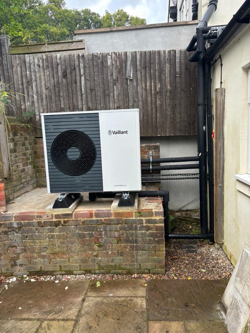 Vaillant aroTHERM air source heat pump installed in a rear garden